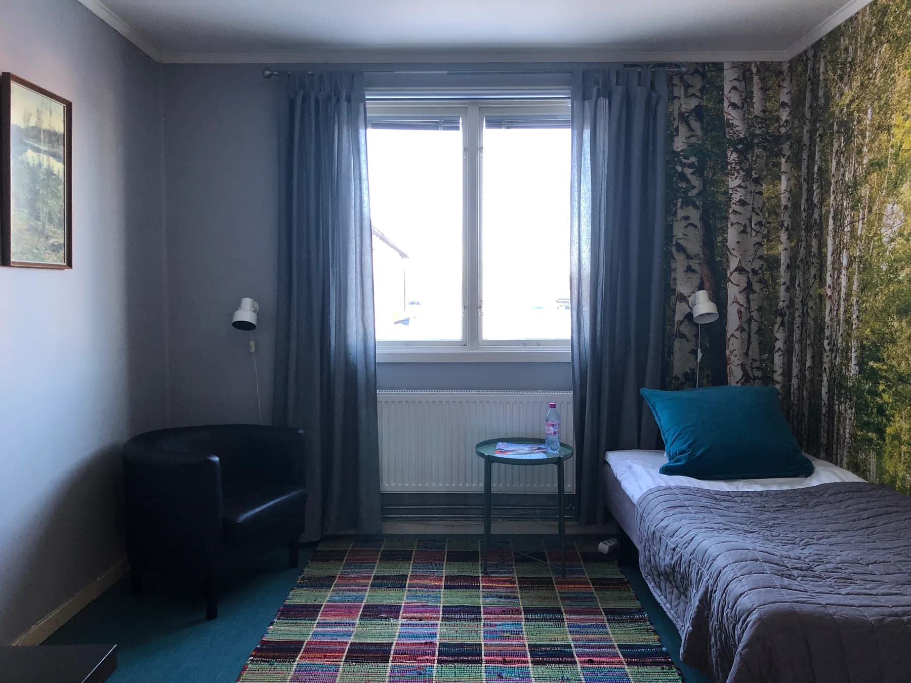 Vandrarhemsrum med en enkelsäng, fåtölj och fönster
